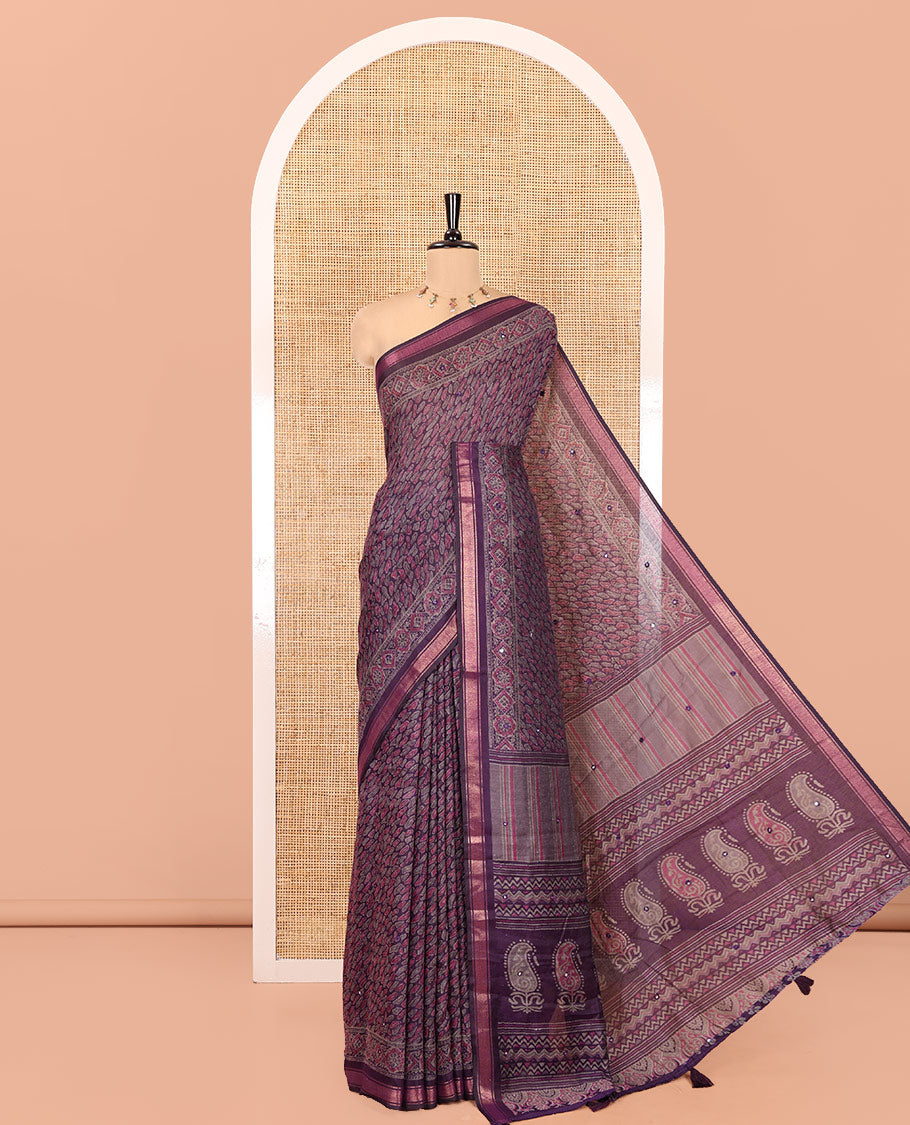 Violet Chanderi Cotton Saree, Elevated with Intricate Bagru Print and Mirror Work on Its Body, a Subtle Printed Border, Pallu of Paisleys Block Print, and Has a Plain Blouse