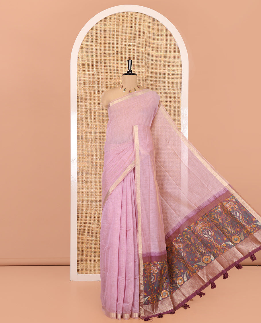 Lavender Plain Jamdani Cotton Saree, Highlighted by a Golden Zari Border, Pallu of Kashmiri-Style Weaving, and Paired with a Contrast Striped Blouse