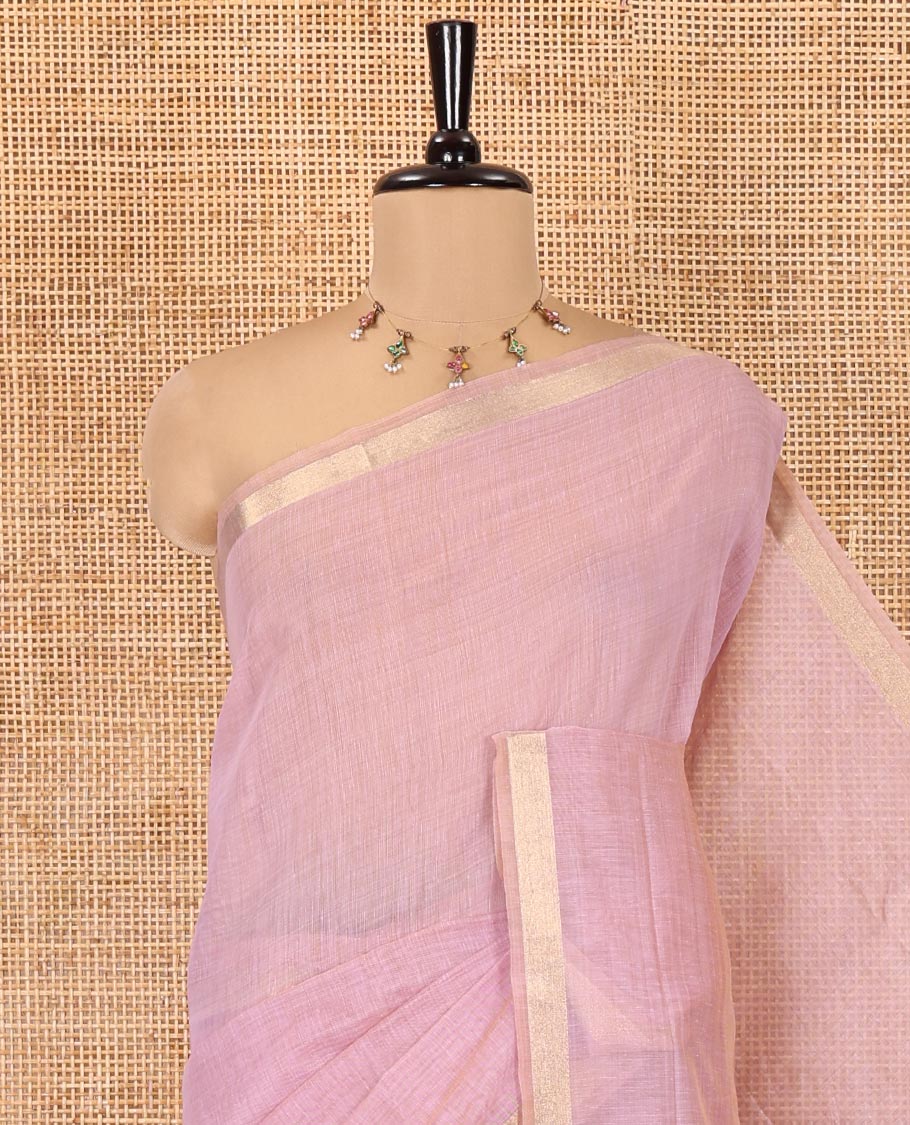 Lavender Plain Jamdani Cotton Saree, Highlighted by a Golden Zari Border, Pallu of Kashmiri-Style Weaving, and Paired with a Contrast Striped Blouse
