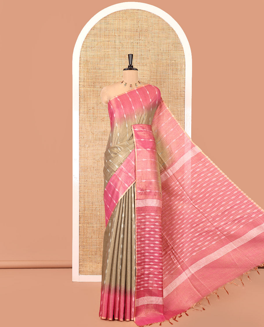 Olive Green Bhagalpur Cotton Saree, Accentuated with Dotted-Thread Stripes, Contrast Thread Striped Border, Pallu of Thread Stripes, and a Contrast Blouse