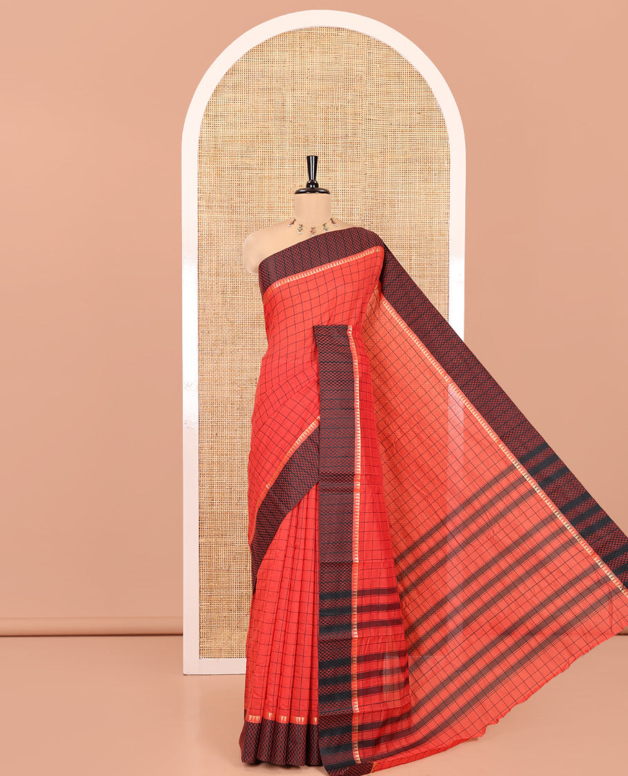 Red Checked Mercerised Cotton Saree, Contrast Temple Ara Maadam Border, Striped Pallu, and Matching Blouse