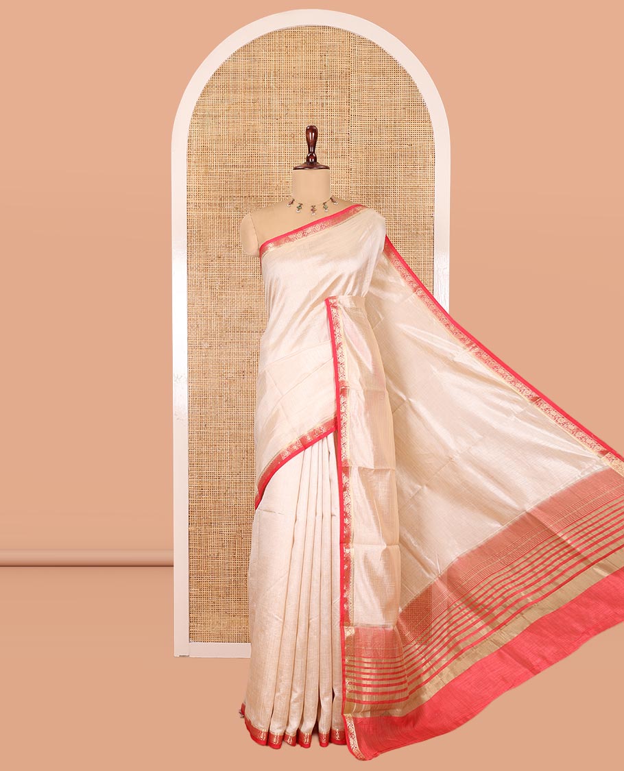 Chikku-Rani Pink Plain Semi-Tussar Saree, Complemented by Contrast Floral Creeper Zari Border, Striped Pallu and a Contrast Blouse