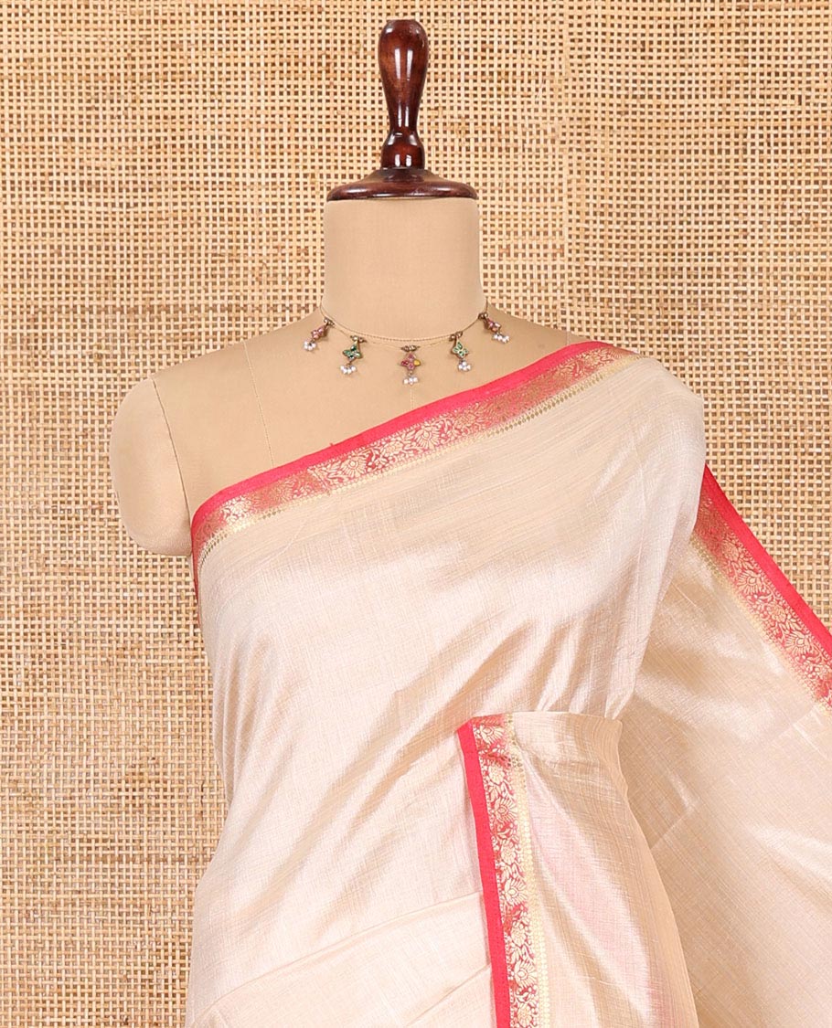 Chikku-Rani Pink Plain Semi-Tussar Saree, Complemented by Contrast Floral Creeper Zari Border, Striped Pallu and a Contrast Blouse