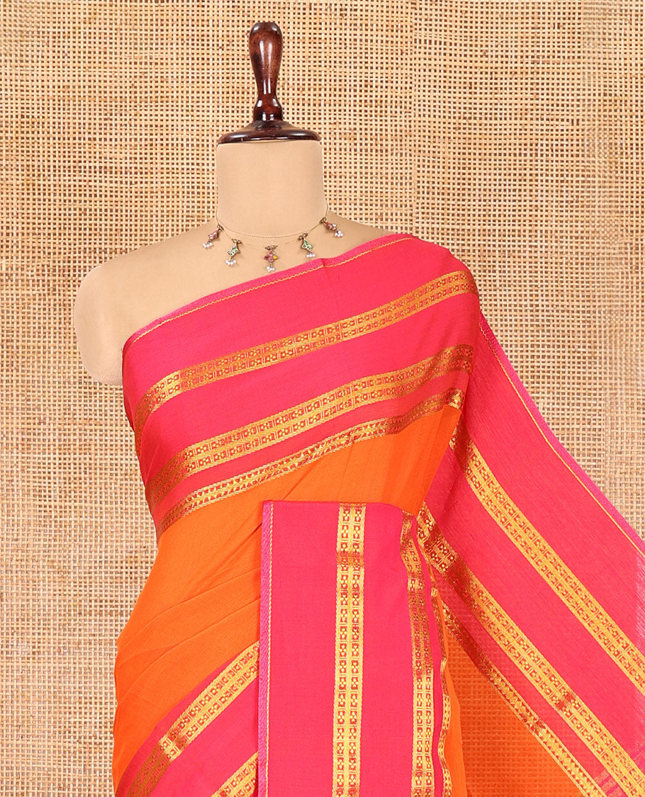 Orange Plain Khadi Mul Cotton Saree, Complemented by a Contrast Traditional Zari Design Border, a Self-Pallu, and a Matching Blouse