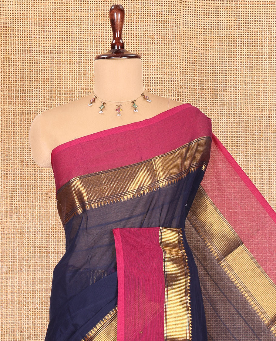 Navy Blue Striped Chettinad Cotton Saree, Complemented by a Contrast Kal Eragina Traditional Border and a Matching Blouse