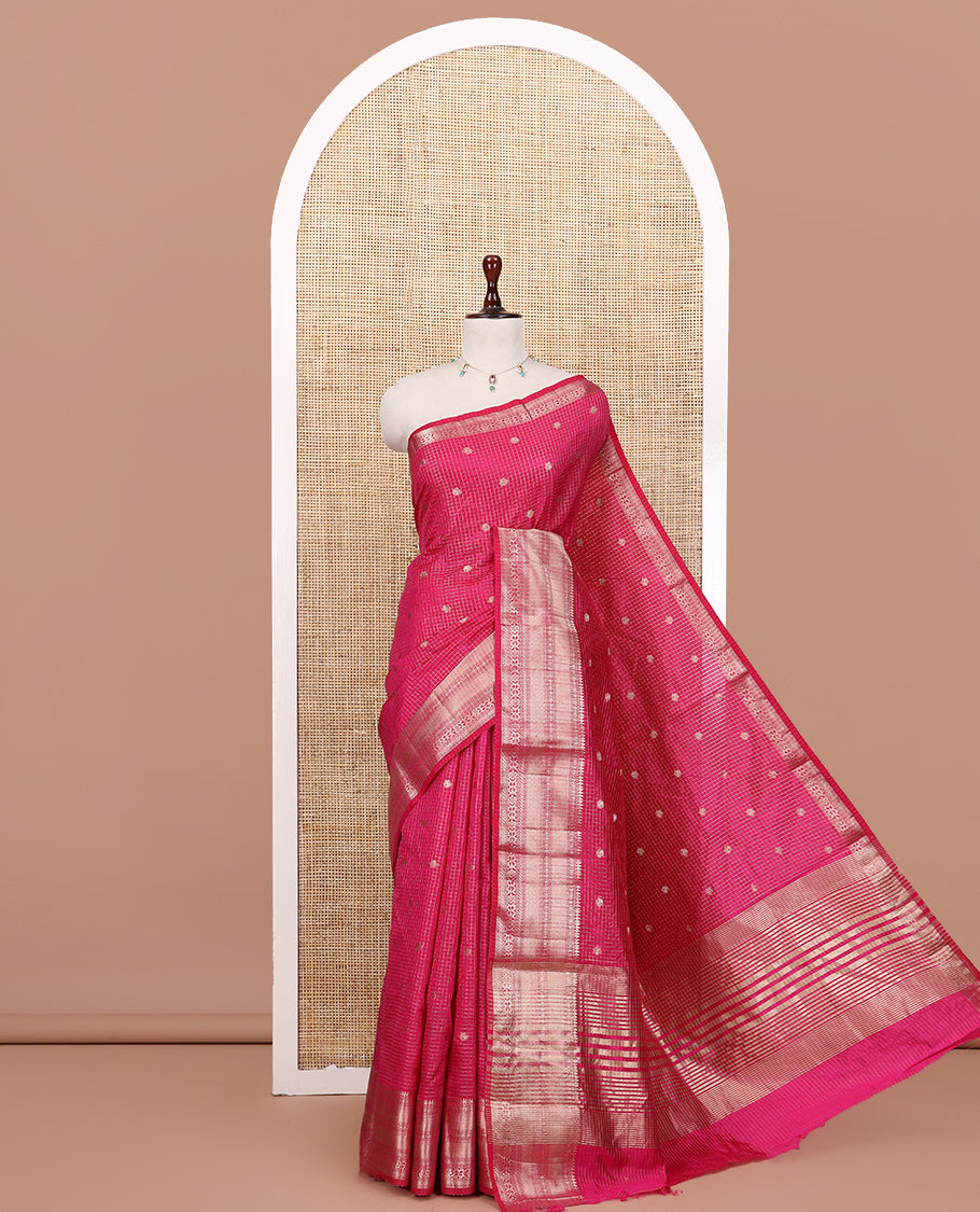 Pink Semi-Tussar Saree, Enriched with Zari Buttas and Checks, a Traditional Zari Border, and a Matching Blouse