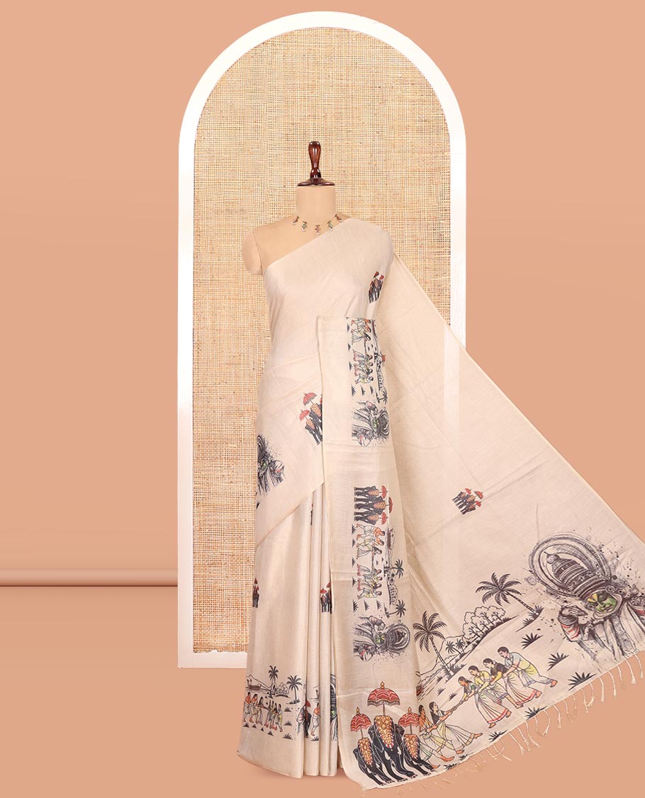 Borderless Gold Tissue Saree, Mesmerized with Kerala-Culture-Themed Print, and a Matching Blouse