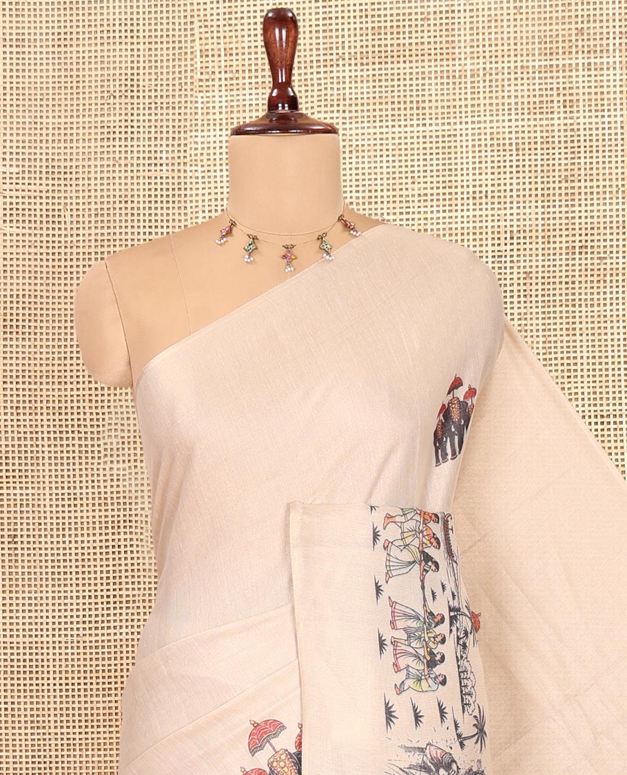 Borderless Gold Tissue Saree, Mesmerized with Kerala-Culture-Themed Print, and a Matching Blouse