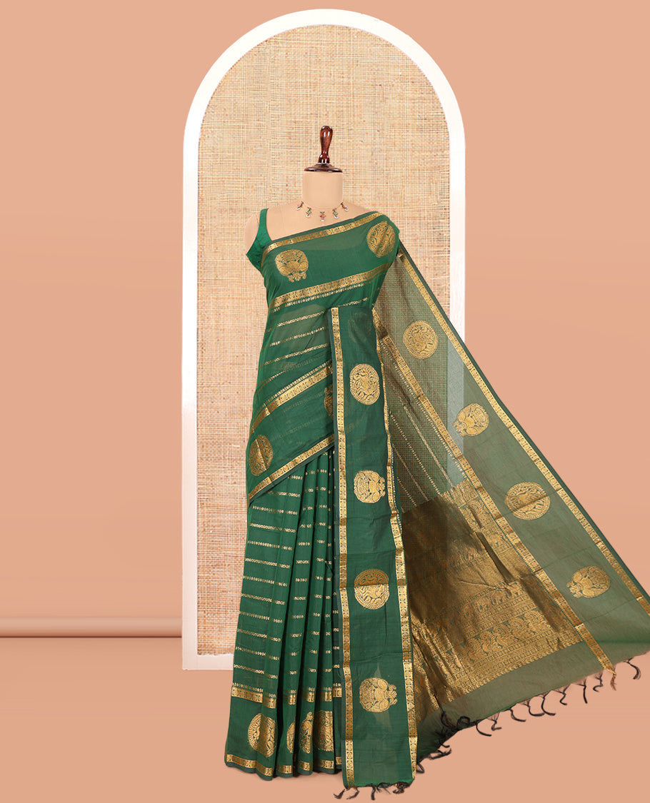 Green Chettinad Cotton Saree, Decorated with Zari Stripes, a Zari Iruthalai Pakshi-Yaali Border, Grand Pallu, and a Matching Blouse