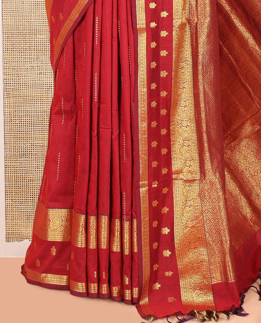 Maroon Kalyani Cotton Saree, Delicately Woven with Buttas, a Traditional Zari Border, Grand Pallu, and a Matching Blouse