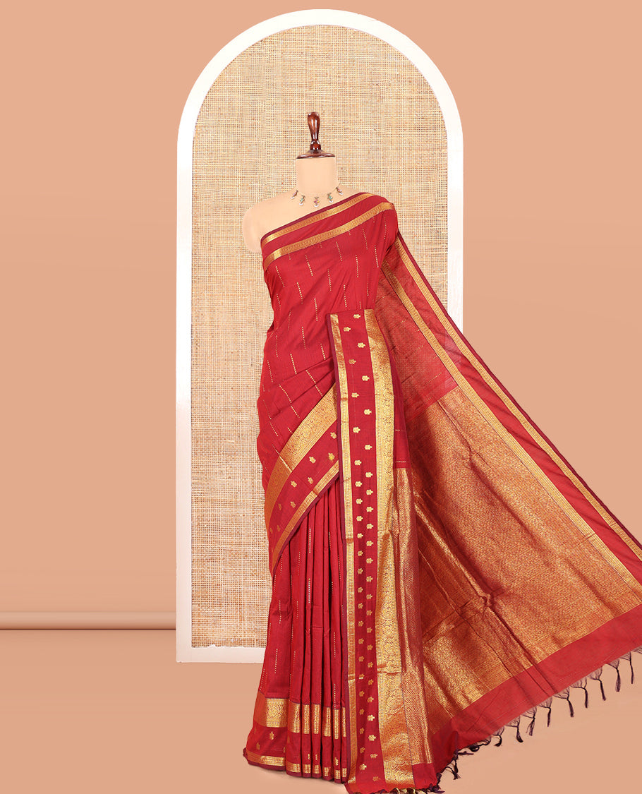 Maroon Kalyani Cotton Saree, Delicately Woven with Buttas, a Traditional Zari Border, Grand Pallu, and a Matching Blouse