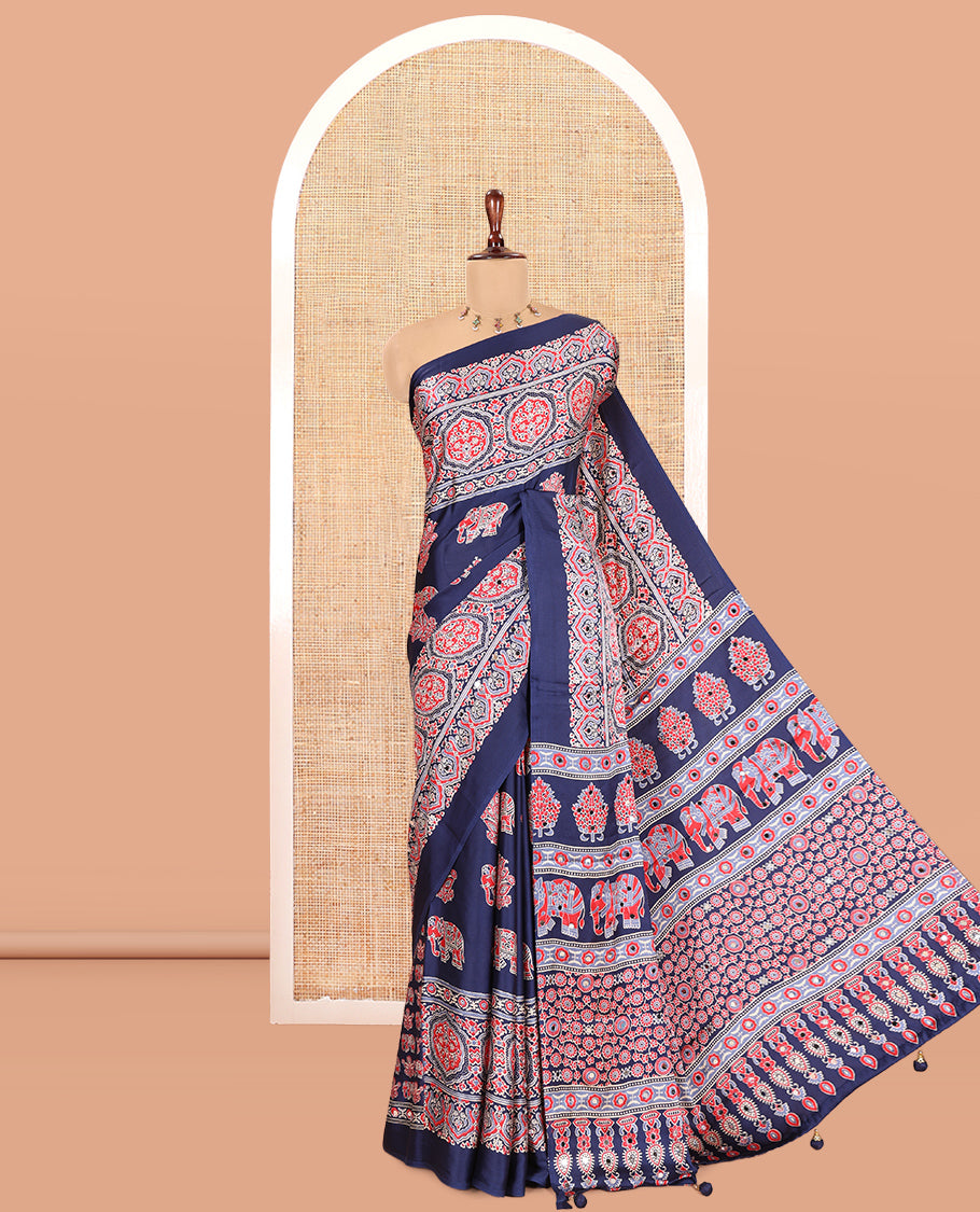 Navy Blue Satin Crepe Saree, Adorned with Ajrakh and Elephant Print, Intricately Printed Border, a Matching Blouse