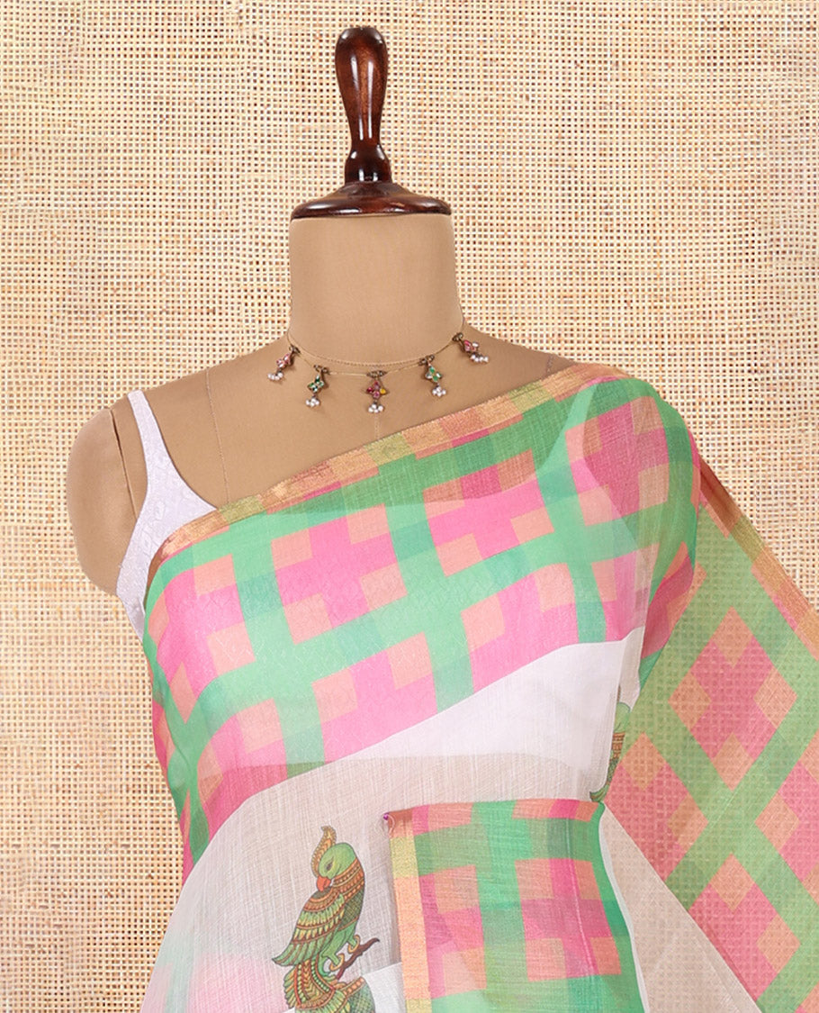 White-Green Linen Cotton Saree
