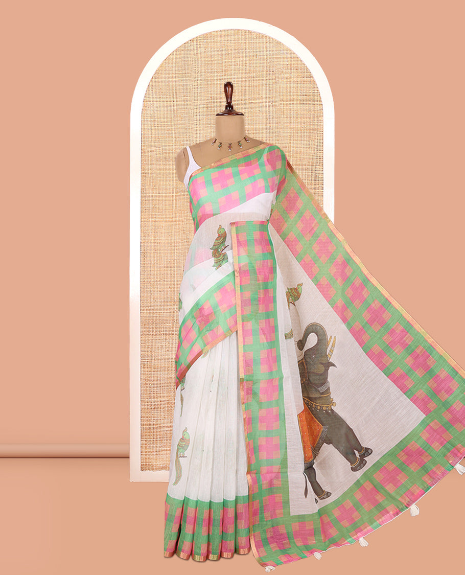 White-Green Linen Cotton Saree