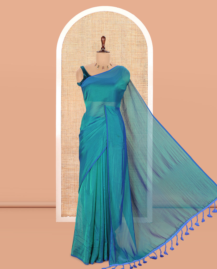 Borderless Rama Blue Plain Fendi Chiffon Saree