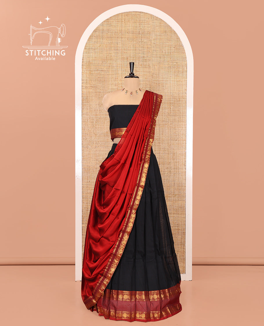 Black-Red Chettinad Cotton Half-Saree Features Plain Skirt, Contrast Traditional Rettai Pettu Border, Matching Blouse, Syska Georgette Dhavani