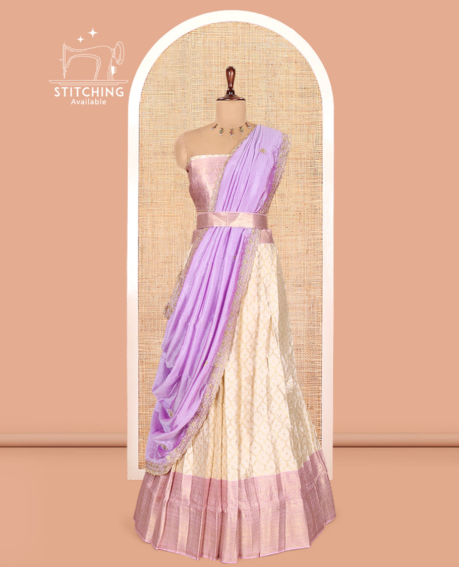 Cream-Light Lavender Semi-Silk Half-Saree