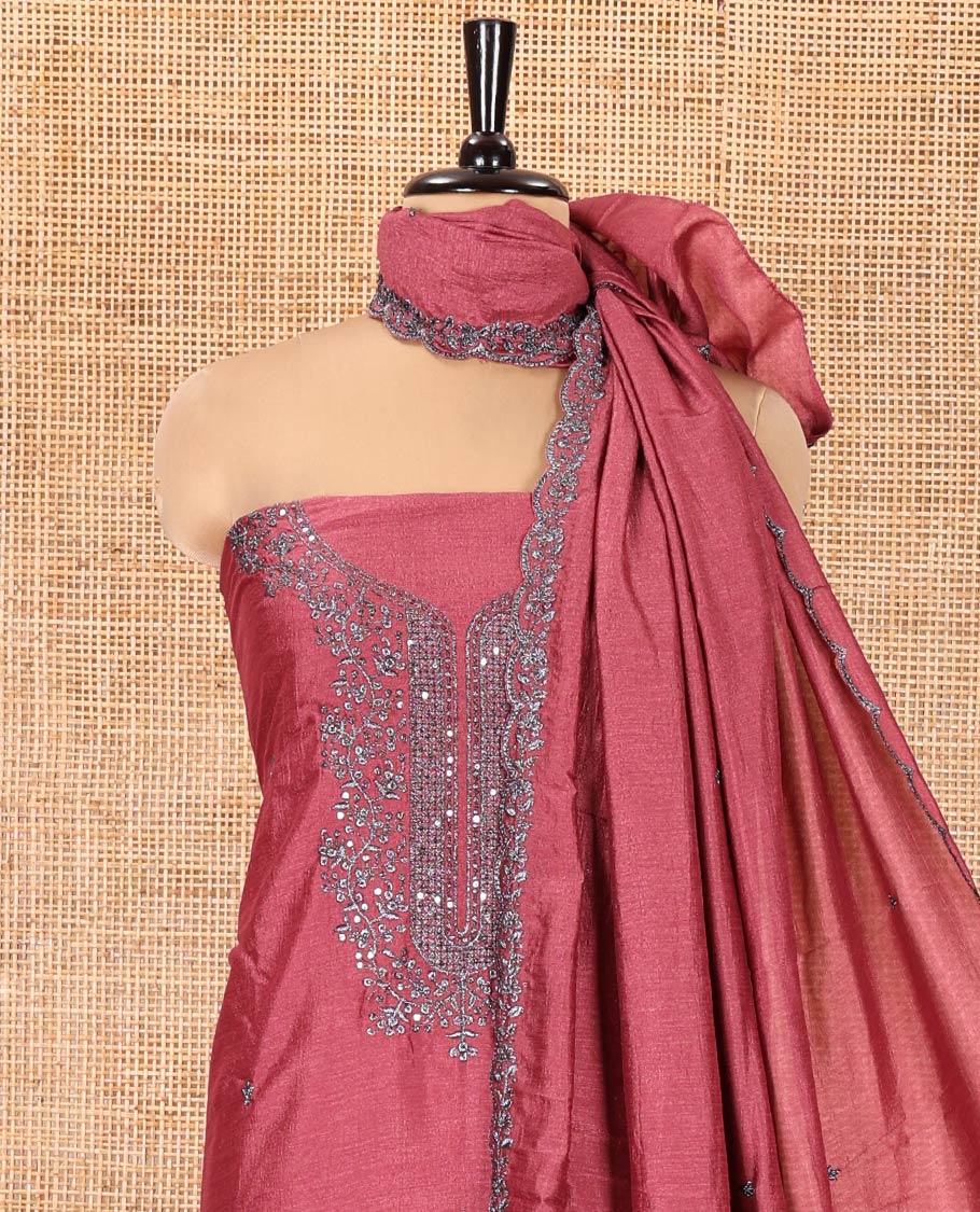 Pink Vichitra Silk Material Chudidar Set, Subtly Sparkled with Embroidered Top, a Plain Santoon Bottom, and Paired with a Matching Vichitra Silk Embroidered Scallop Dupatta