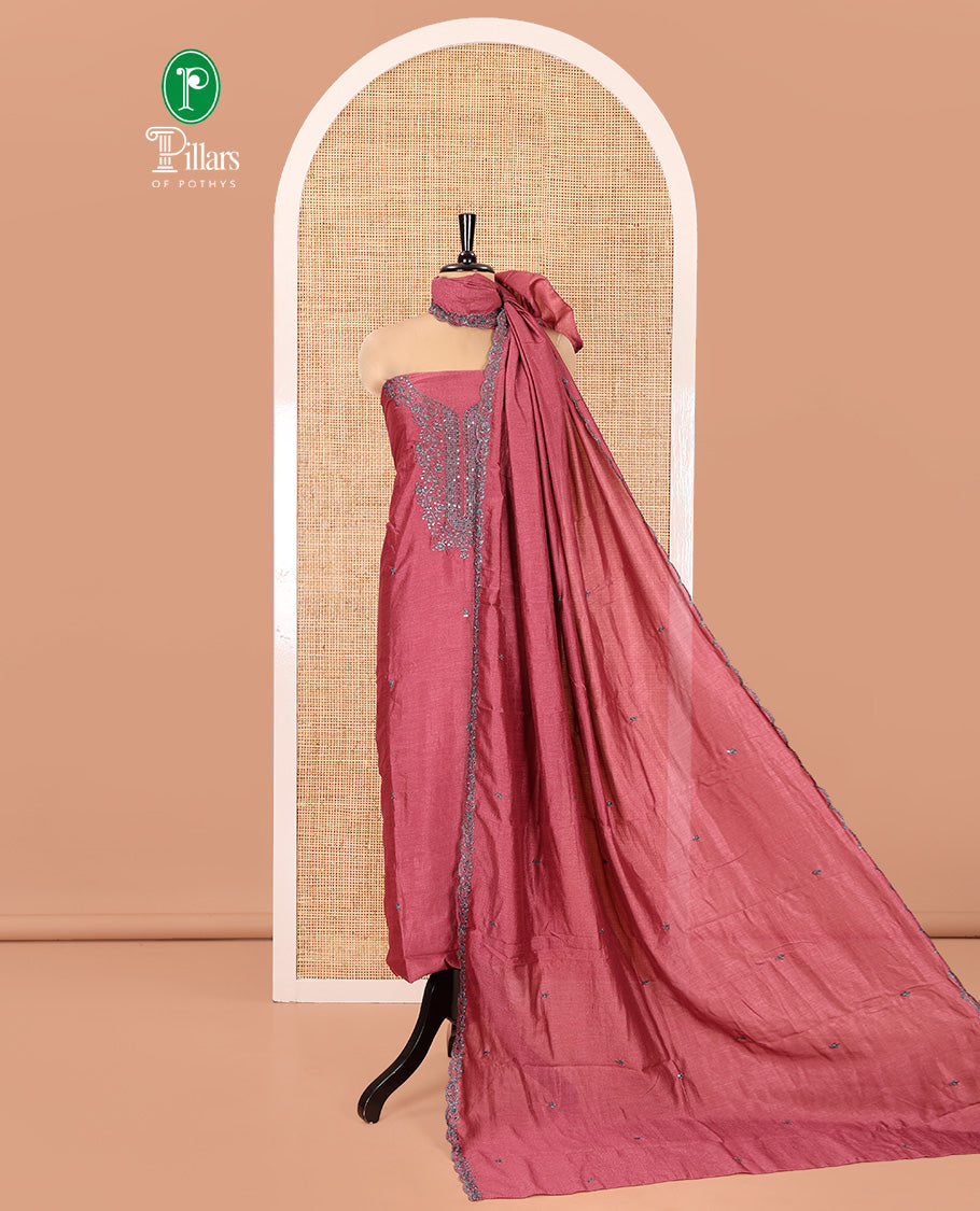 Pink Vichitra Silk Material Chudidar Set, Subtly Sparkled with Embroidered Top, a Plain Santoon Bottom, and Paired with a Matching Vichitra Silk Embroidered Scallop Dupatta
