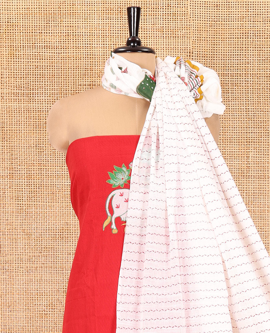 Red Material Chudidar Set, Artfully Woven with Pichwai Cow Motifs Embroidered Cotton Top, Complemented by a Contrast Plain Cotton Bottom, Paired with Pichwai Printed Dupatta