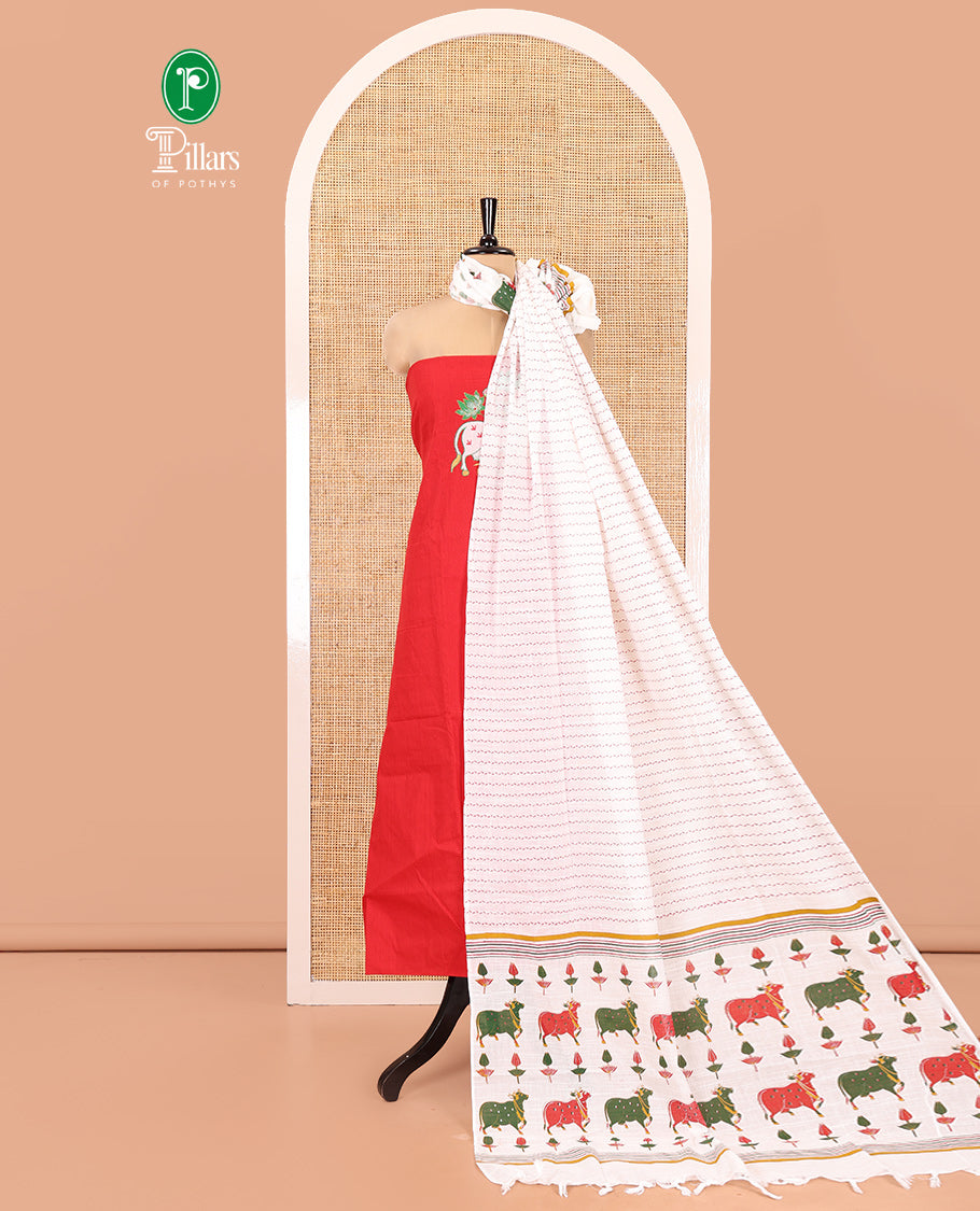 Red Material Chudidar Set, Artfully Woven with Pichwai Cow Motifs Embroidered Cotton Top, Complemented by a Contrast Plain Cotton Bottom, Paired with Pichwai Printed Dupatta