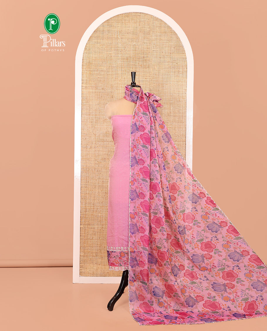 Pink Moss Organza Material Chudidar Set, Gleamed Up with Stonework Top, a Plain Santoon Bottom, and Paired with Floral Print and Scallop Stonework Dupatta