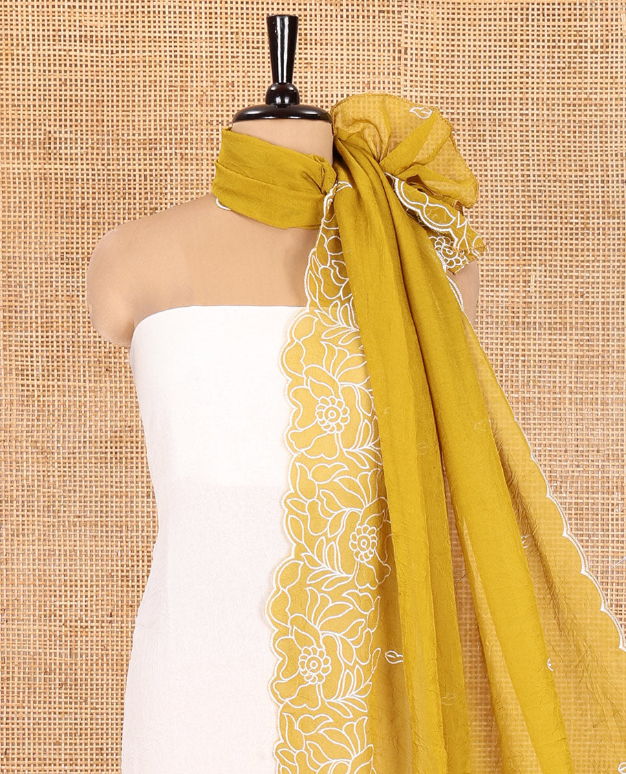 Cream-Mustard Organza Material Chudidar, Floral Thread Embroidery Top, Contrast Bottom, and Embroidered Scallop Dupatta