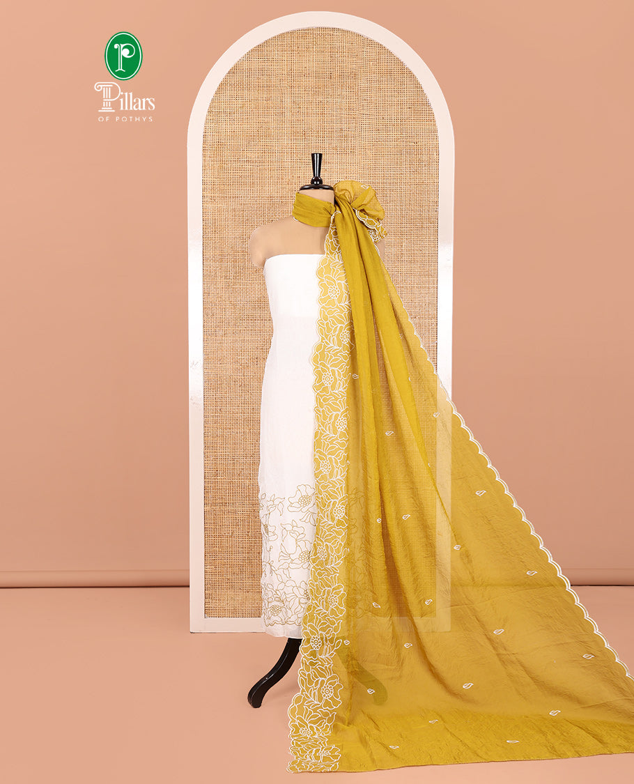 Cream-Mustard Organza Material Chudidar, Floral Thread Embroidery Top, Contrast Bottom, and Embroidered Scallop Dupatta