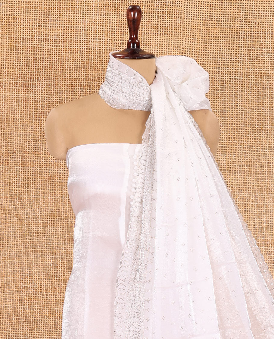 Cream Fendi Organza Material Chudidar Fetaures Pom-Pom-Neckline Top, Plain Bottom, and Scallop Embroidered Dupatta