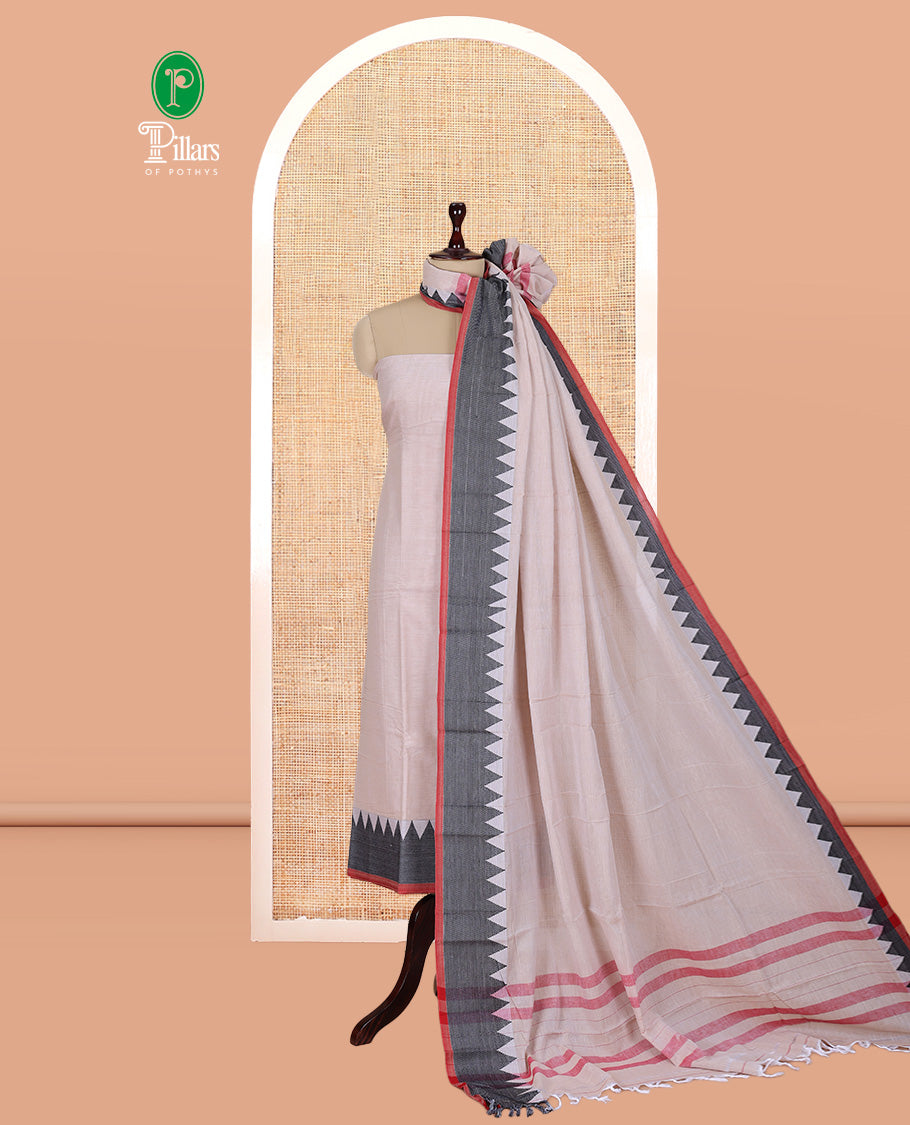 Chikku Mercerised Cotton Material Churidar Features Plain Top, Contrast Thread Temple Border, Matching Bottom, Temple Dupatta