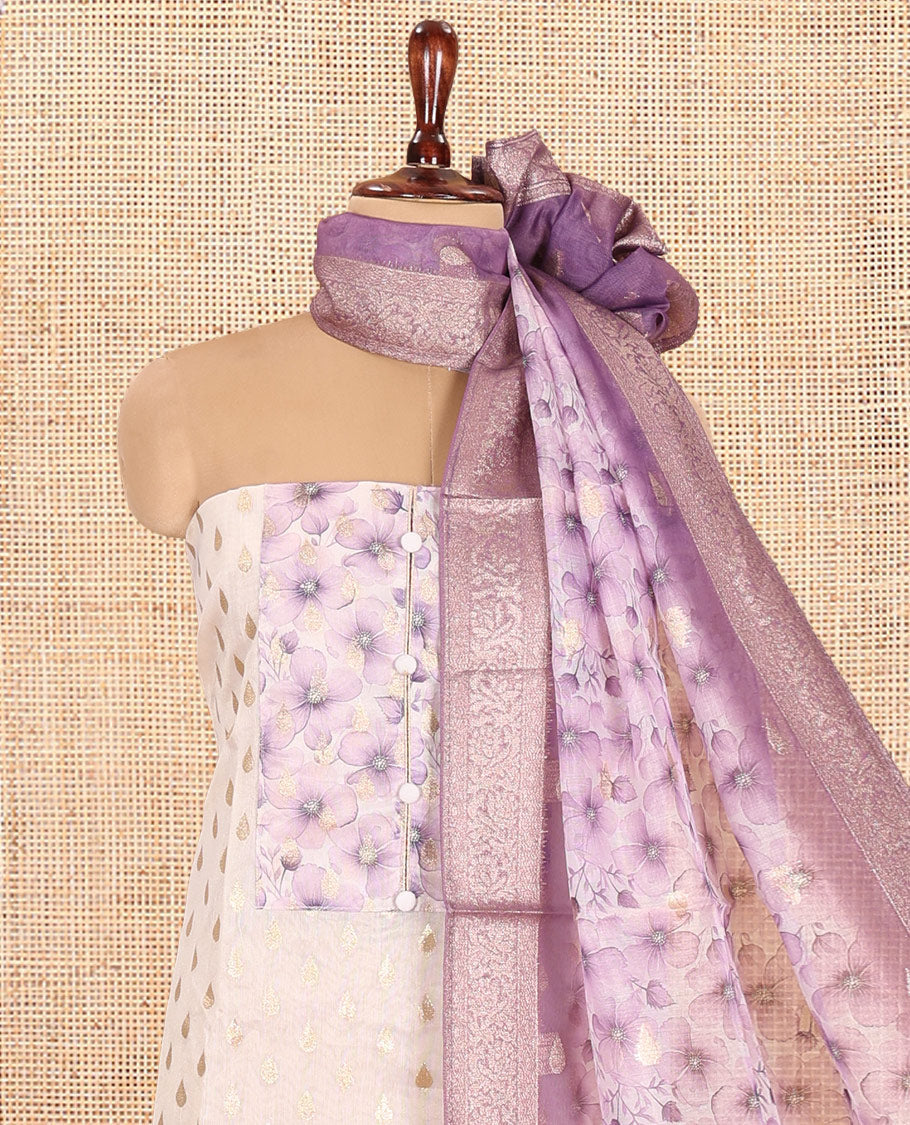 Cream-Lavender Banarasi Tissue Chanderi Material Chudidar, Buttas Top, Contrast Bottom, Floral Print Dupatta