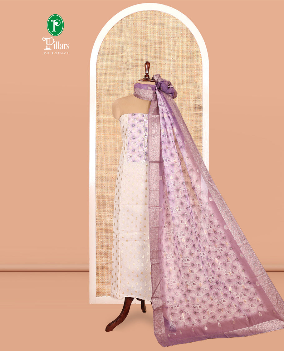 Cream-Lavender Banarasi Tissue Chanderi Material Chudidar, Buttas Top, Contrast Bottom, Floral Print Dupatta
