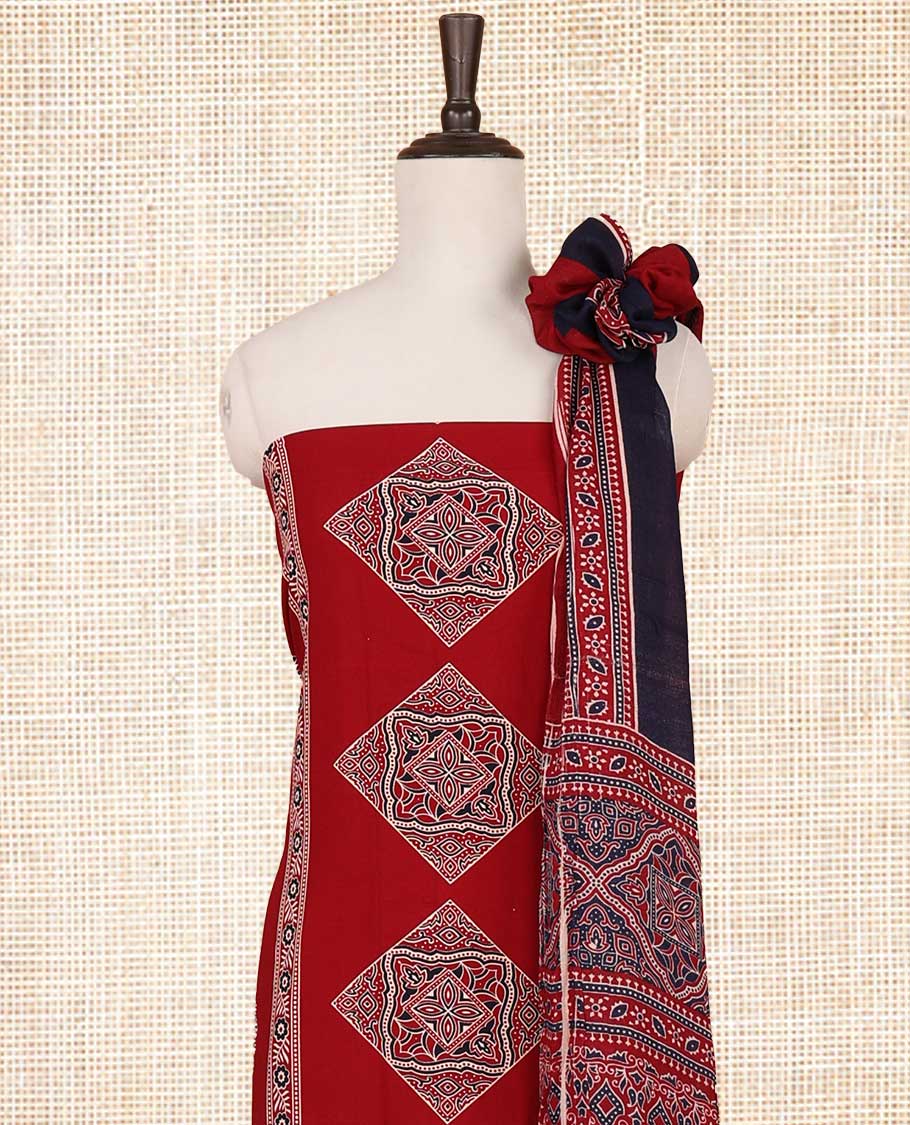 red ajrak print rayon chudidhar material top with rayon material printed pant & mul mul votton ajrak printed dupatta