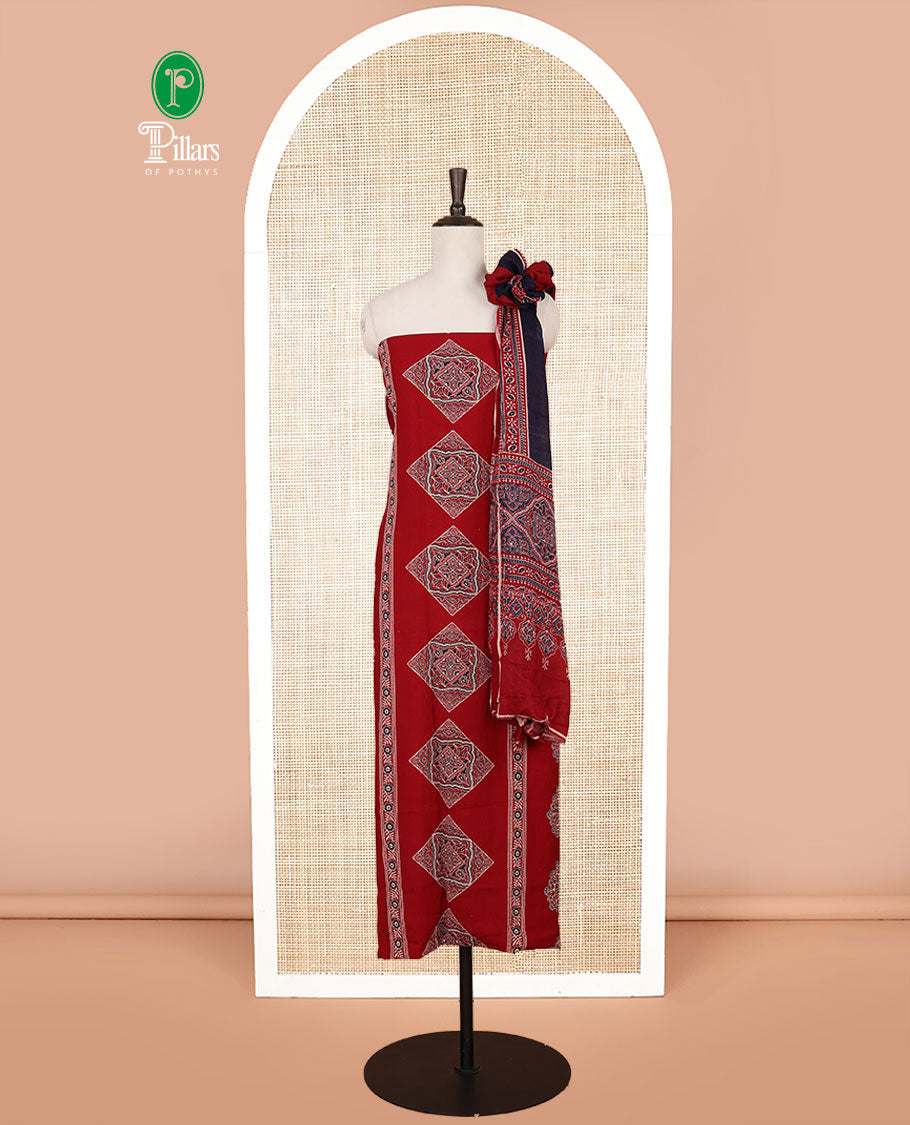 red ajrak print rayon chudidhar material top with rayon material printed pant & mul mul votton ajrak printed dupatta