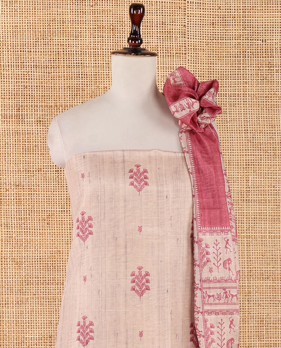 Chikku-base semi-tussar material chudidar set, floral & warli motifs top, contrast onion pink plain bottom & warli motifs steeped dupatta