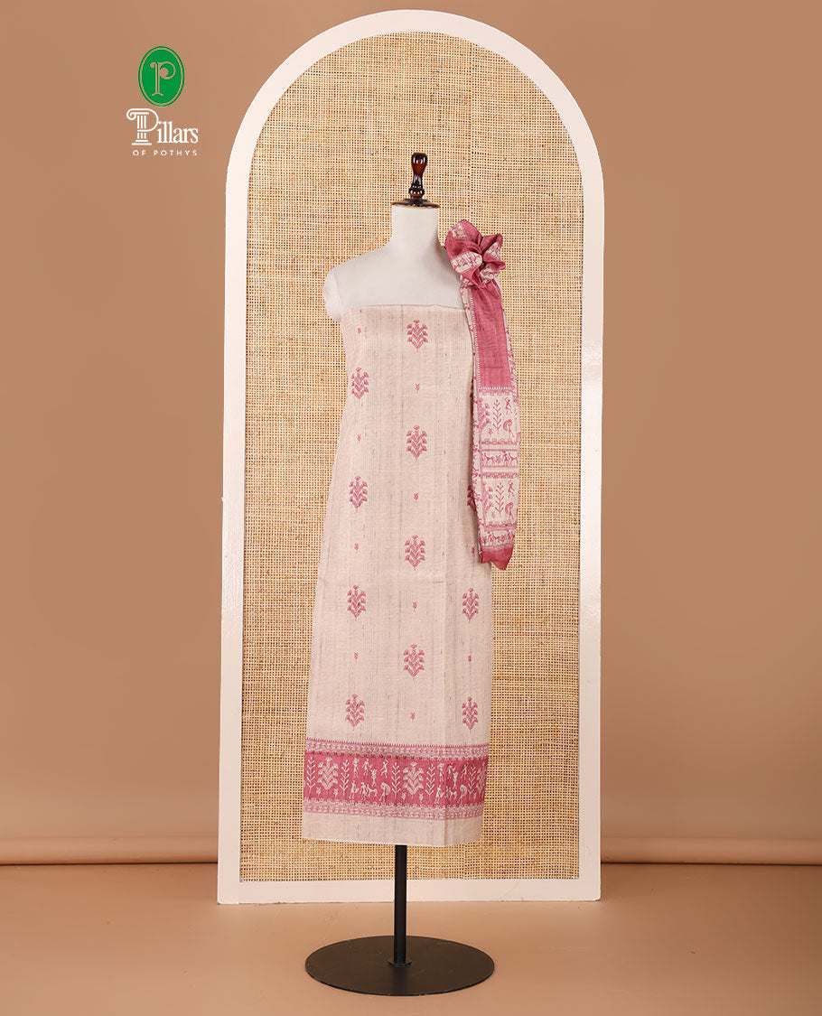 Chikku-base semi-tussar material chudidar set, floral & warli motifs top, contrast onion pink plain bottom & warli motifs steeped dupatta