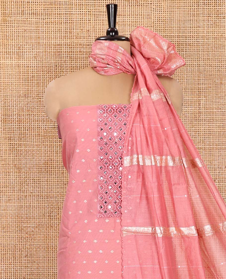 Onion Pink Material Churidar Set, Elevated with Zari Buttas and Crosia Lace with Mirror Work Chanderi Top, Comes with a Plain Bottom, Zari Woven Chanderi Dupatta