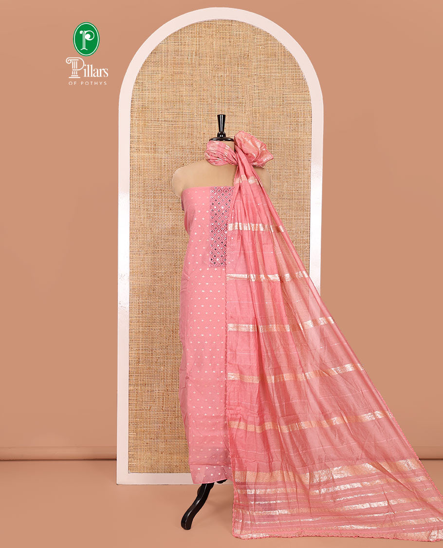Onion Pink Material Churidar Set, Elevated with Zari Buttas and Crosia Lace with Mirror Work Chanderi Top, Comes with a Plain Bottom, Zari Woven Chanderi Dupatta