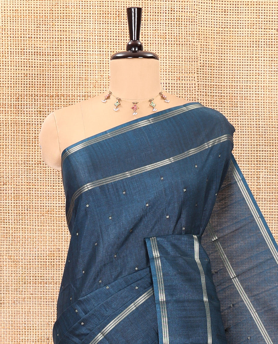 Blue zari buttas fancy tussar silk saree, zari bentex border, plain pallu, and a matching zari striped blouse
