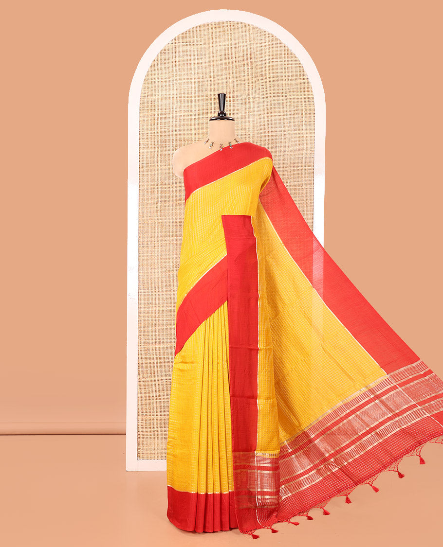 Yellow Assam Silk Saree, Subtly Sparkled with Zari Checked Design on Its Body, Complemented by Contrast Border, Pallu Steeped with Gleaming Zari Stripes, and Paired with a Contrast Blouse