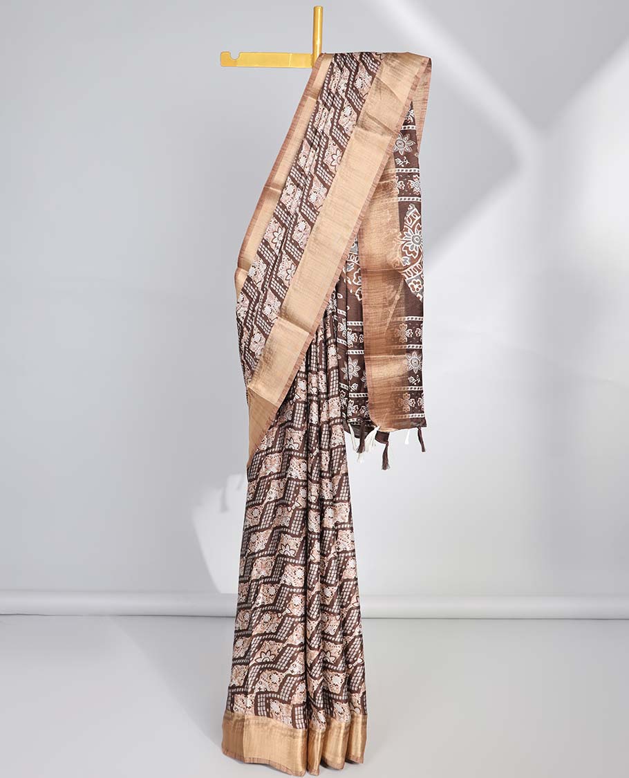 Brown argyle design semi-banaras printed saree with contrast zari border & floral motifs pallu