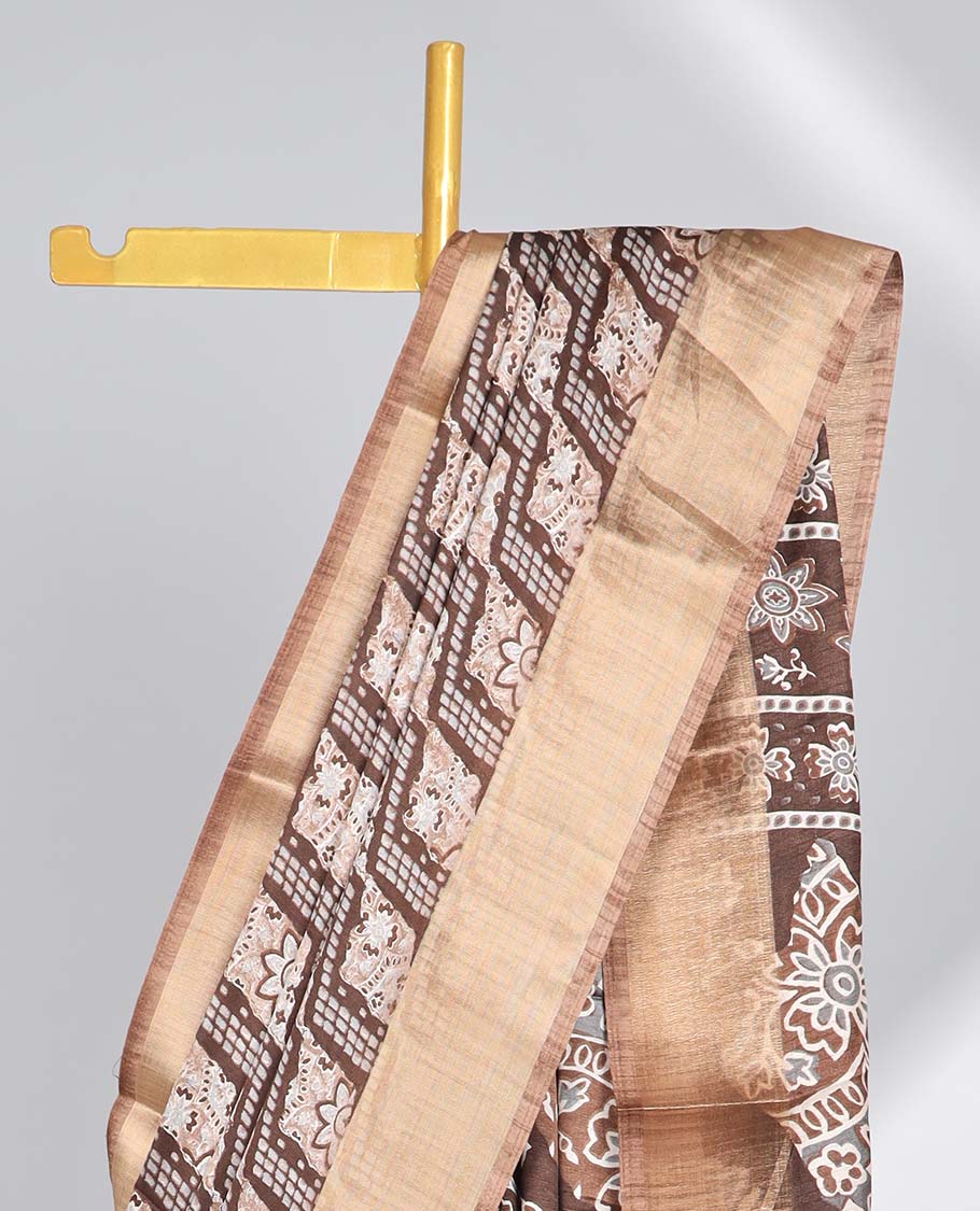 Brown argyle design semi-banaras printed saree with contrast zari border & floral motifs pallu