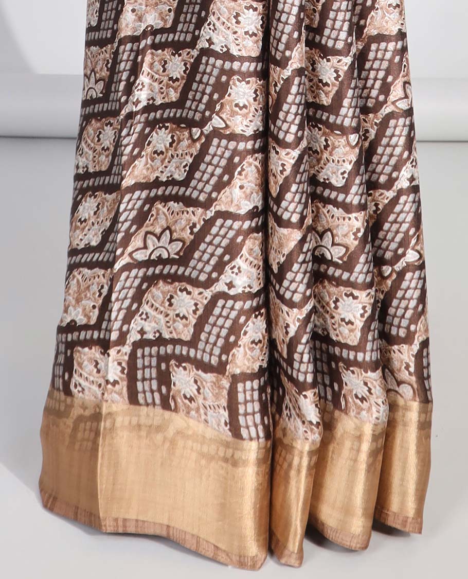 Brown argyle design semi-banaras printed saree with contrast zari border & floral motifs pallu