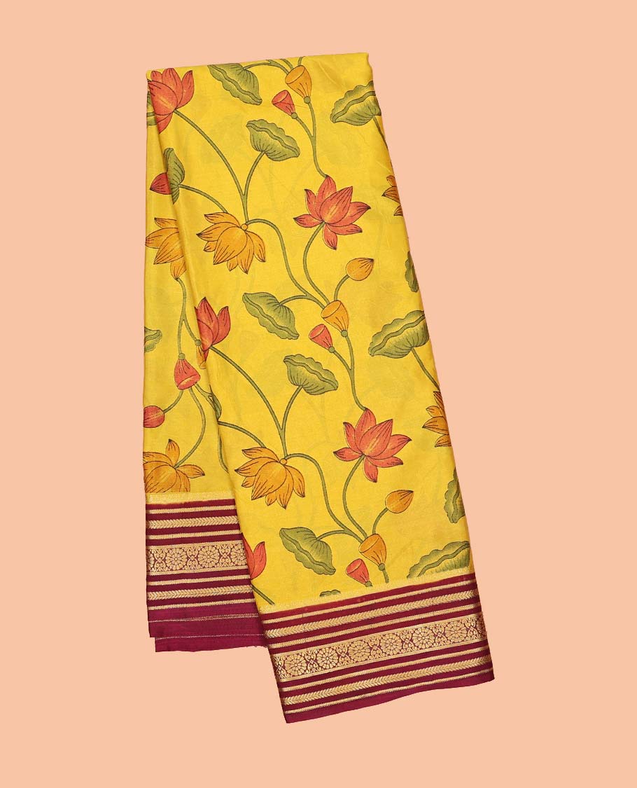 Yellow pichwai-style floral vine printed semi-banaras printed saree, contrast traditional design border & striped pallu