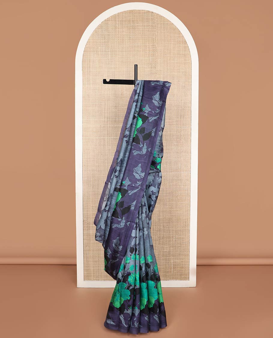 Borderless grey floral printed silk saree