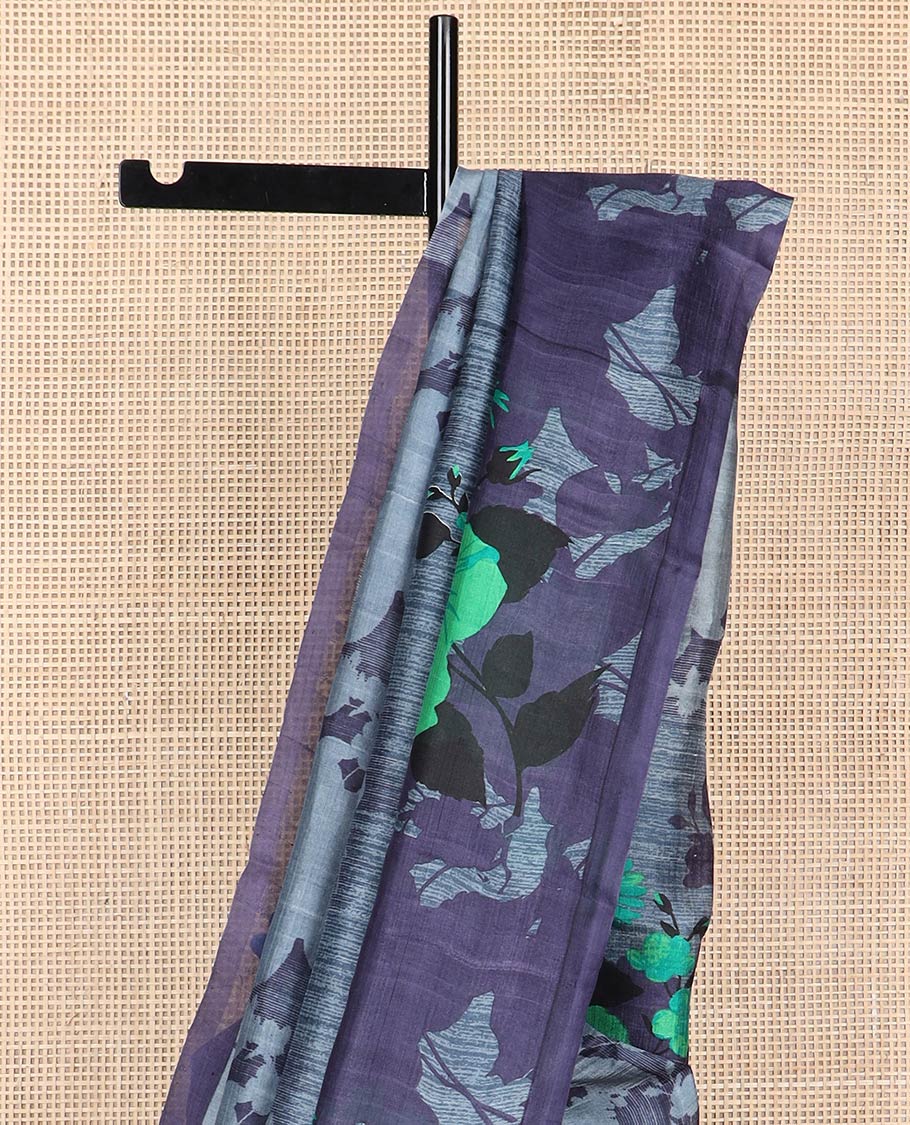 Borderless grey floral printed silk saree
