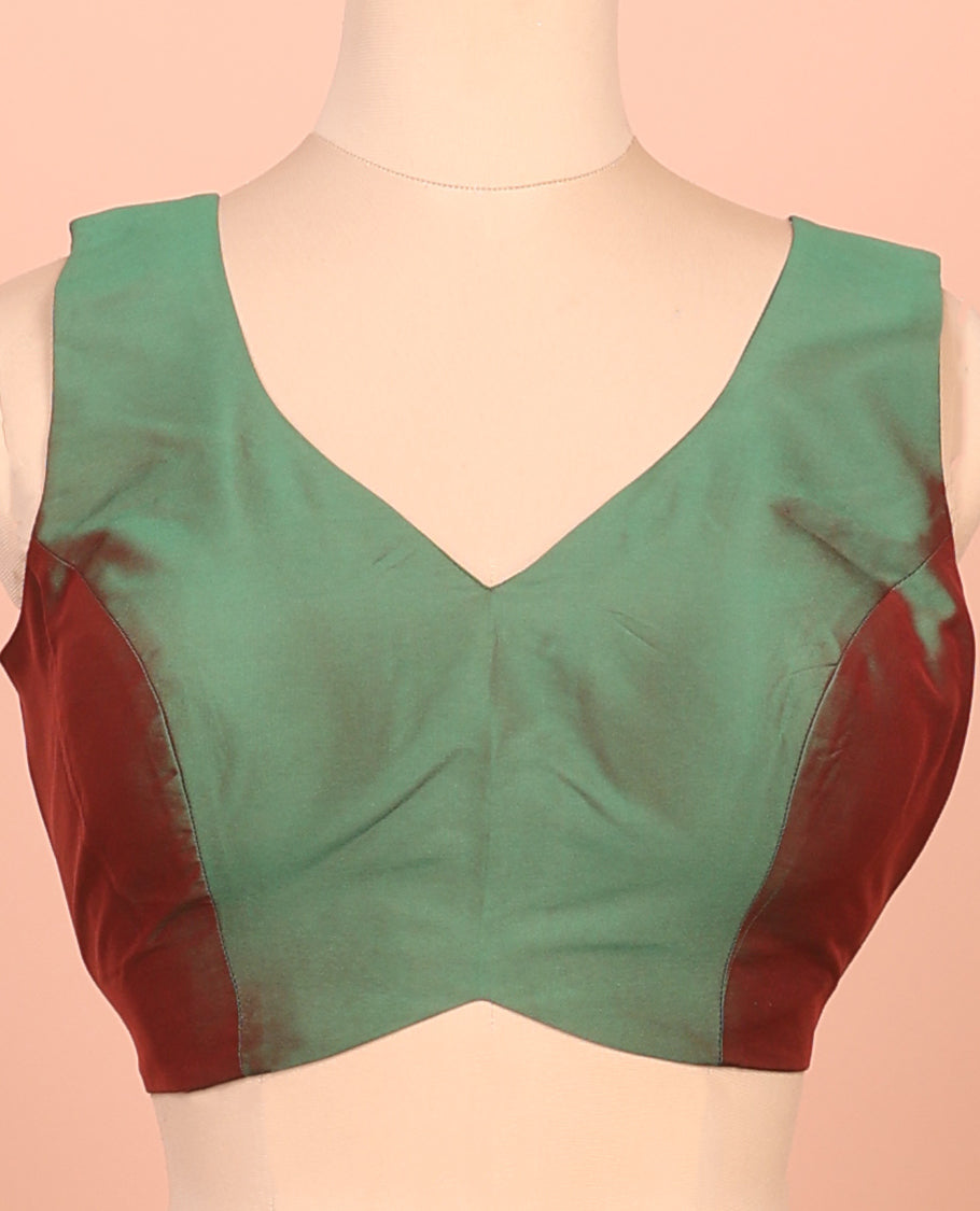 Green Dual-Toned Plain Readymade Blouse Featuring a Front V-Neck, Back Deep V-Neck, and Sleeveless