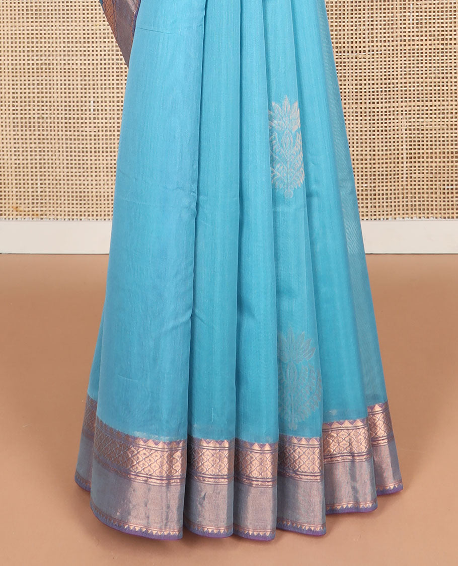 Light blue motifs silk cotton saree with contrast zari design border & floral design pallu