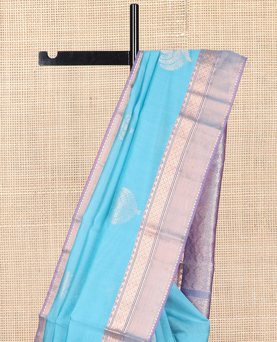 Light blue motifs silk cotton saree with contrast zari design border & floral design pallu