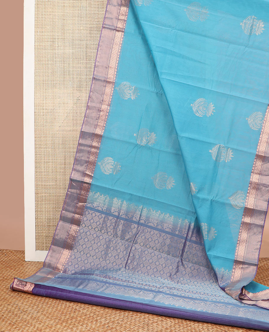Light blue motifs silk cotton saree with contrast zari design border & floral design pallu